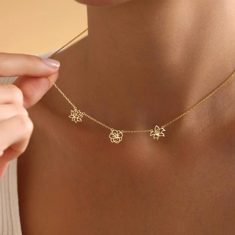 Personalized Dainty Birth Flower Necklace For Mother's Day