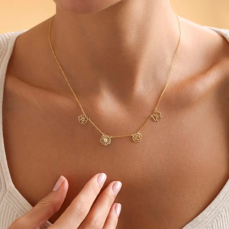 Personalized Dainty Birth Flower Necklace For Mother's Day