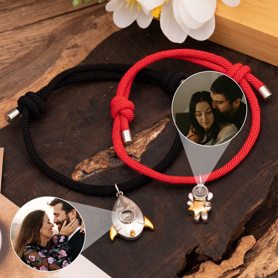 Custom Sky Astronaut Photo Projection Couple Matching Bracelets With Picture Inside Unique Gift For Couple