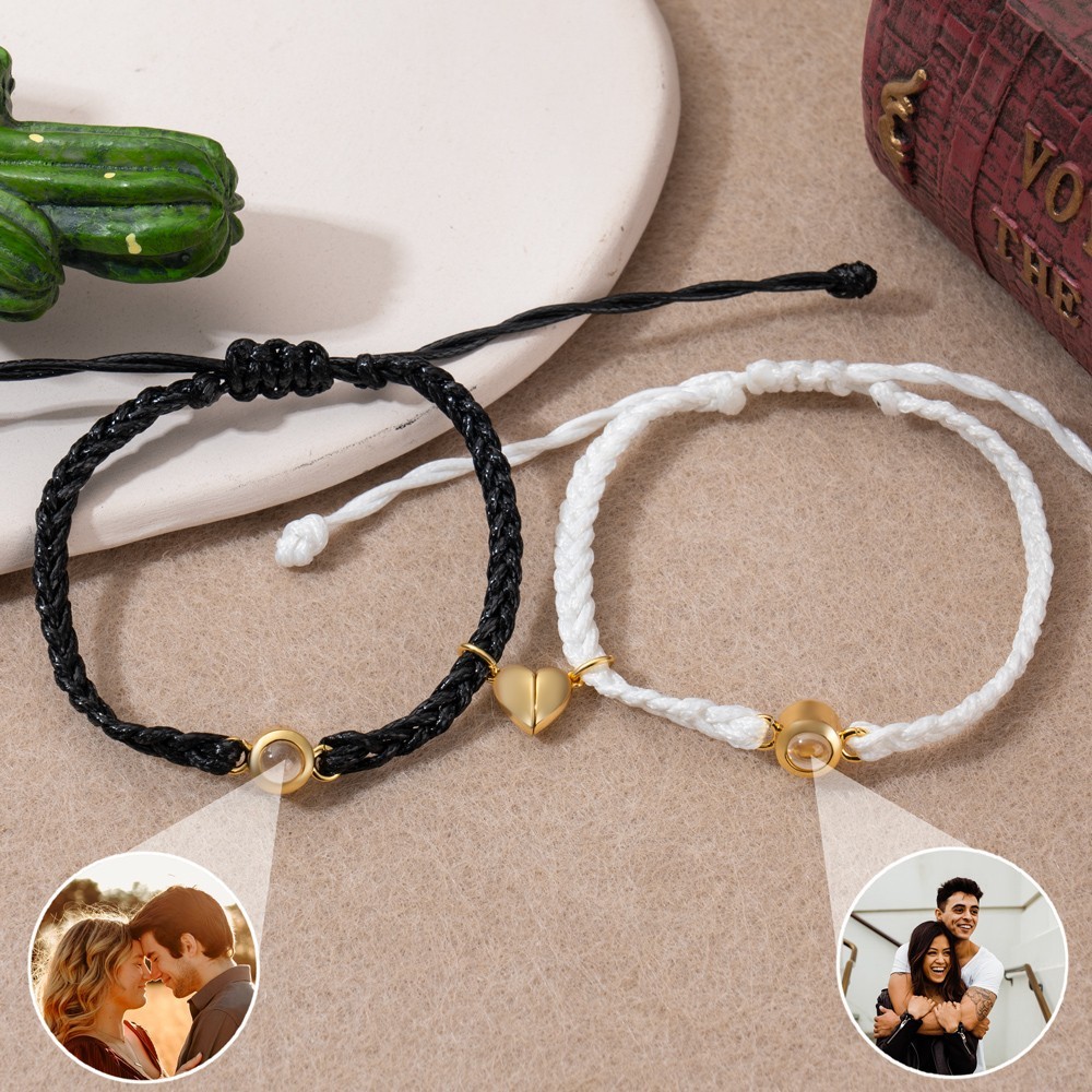 Custom Couple Rope Braided Bead Matching Magnetic Projection Bracelet Anniversary Gifts for Her Him Valentine's Day Gifts