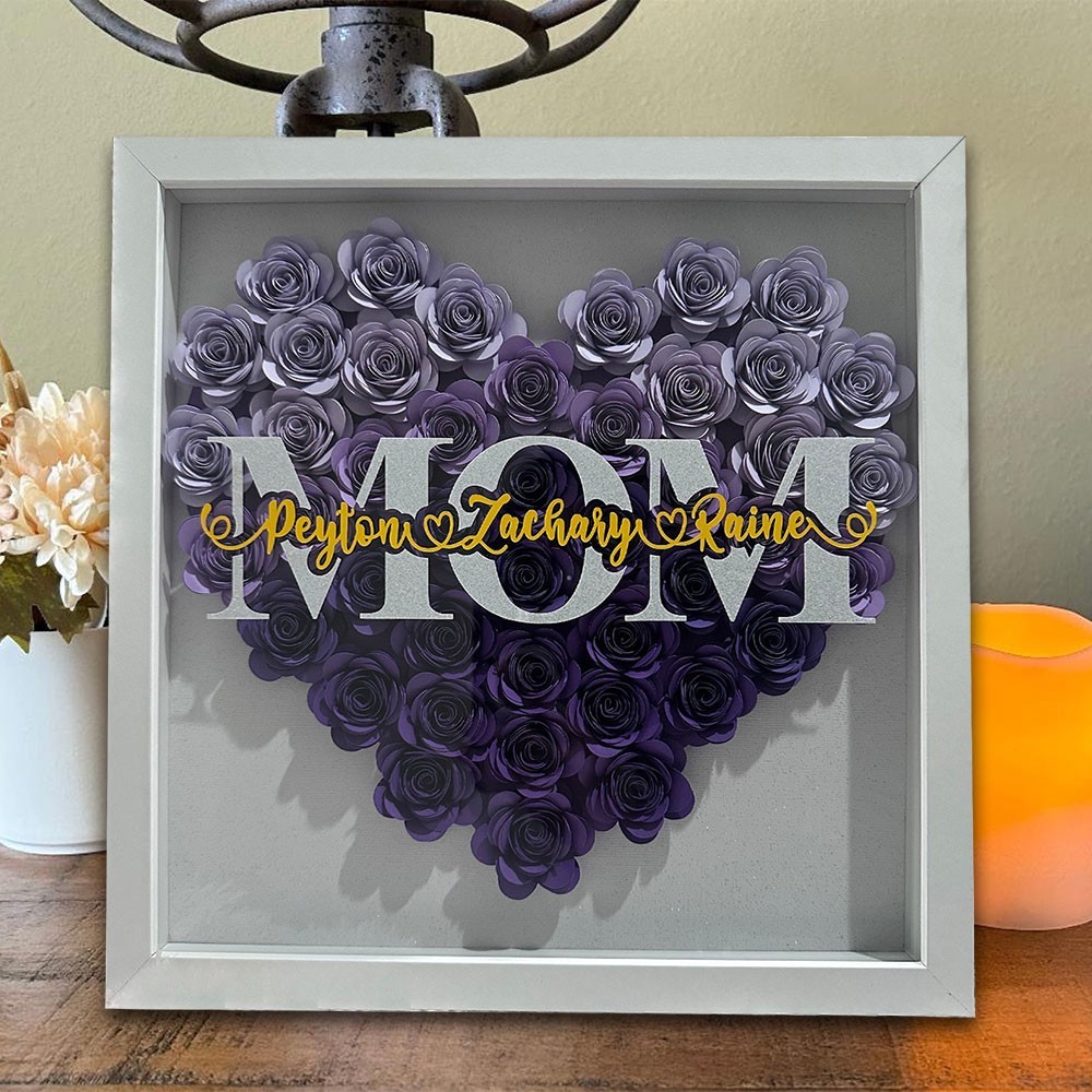 Personalized Mom Heart Shaped Flower Shadow Box with Kids Names Keepsake Gift For Mom Grandma Christmas Gifts