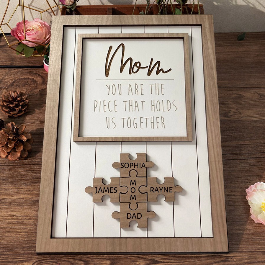 Personalized Wooden Mom Puzzle Sign with Kids Names Mother's Day Gift Ideas