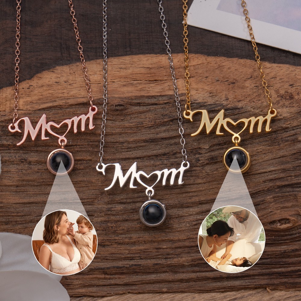 Personalized Heart Charm Mom Photo Projection Necklace With Picture Inside Keepsake Gift For New Mom