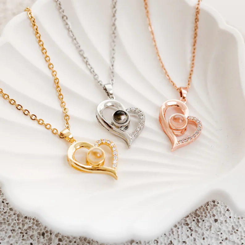 Personalized Heart Shaped Photo Projection Necklace with Picture Inside Memorial Gifts for Her Mother's Day Gift Ideas