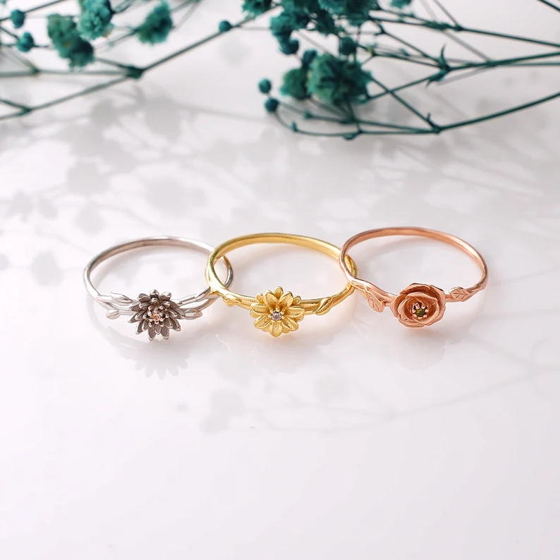 Personalized Combined Birth Flower Ring  Best Gift For Mother's Day