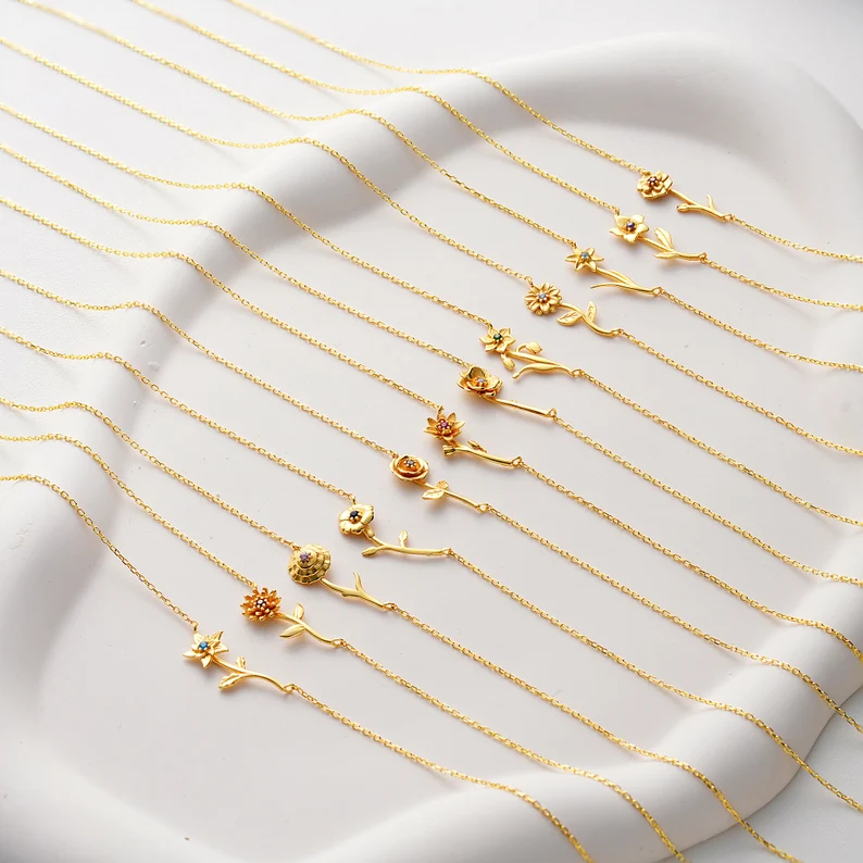 Dainty Birth Flower Personalized Necklace With Birthstone Mother's Day Gift