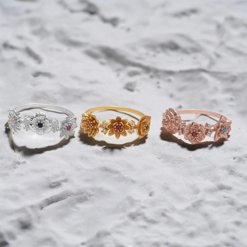 Personalized Combined Birth Flower Ring  Best Gift For Mother's Day