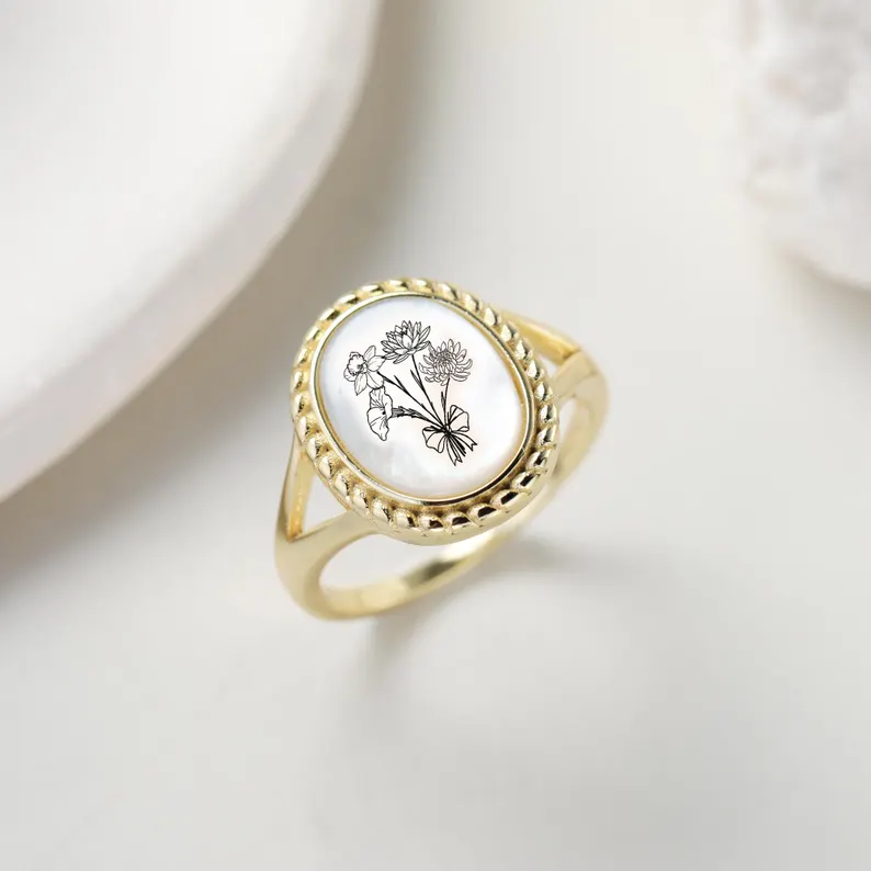 Personalized Pearl Black Agate Oval Birth Flower Ring Mother's Day Gift