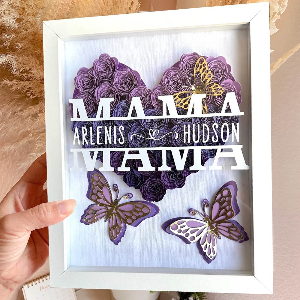 Personalized Mom with Kids Names Heart Flower Shadow Box with Butterfly