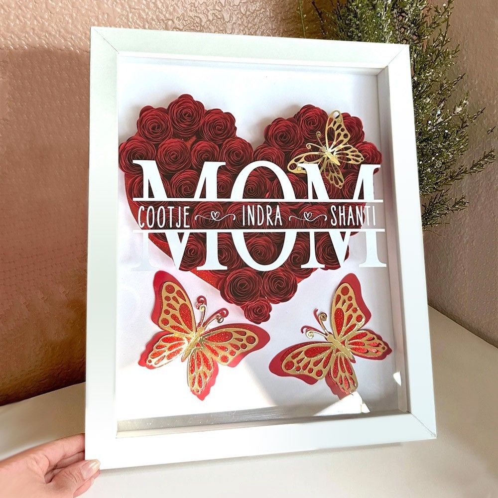 Personalized Mom with Kids Names Heart Flower Shadow Box with Butterfly