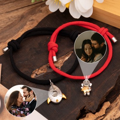 Custom Sky Astronaut Photo Projection Couple Matching Bracelets With Picture Inside Unique Gift For Couple