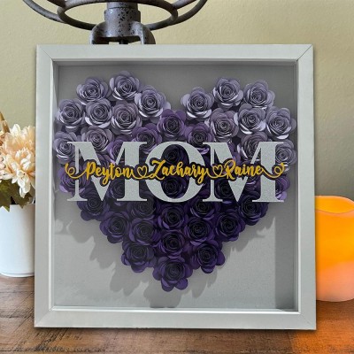 Personalized Mom Heart Shaped Flower Shadow Box with Kids Names Keepsake Gift For Mom Grandma Christmas Gifts