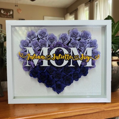 Personalized Mom Heart Shaped Flower Shadow Box with Kids Names Keepsake Gift For Mom Grandma Christmas Gifts