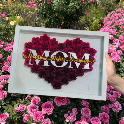 Personalized Mom Heart Shaped Flower Shadow Box with Kids Names Keepsake Gift For Mom Grandma Christmas Gifts