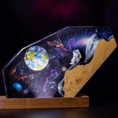 Space Galaxy Resin and Wood Night Light Interstellar Epoxy Lamp