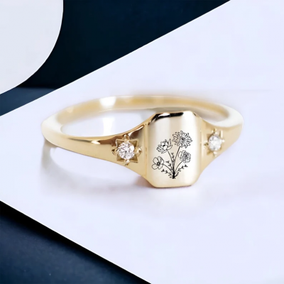 Personalized Dainty Birth Flowers Ring For Women Best Gift For Mother's Day