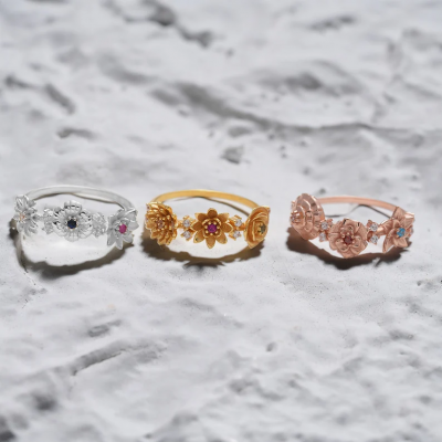 Personalized Combined Birth Flower Ring  Best Gift For Mother's Day