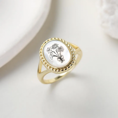 Personalized Pearl Black Agate Oval Birth Flower Ring Mother's Day Gift