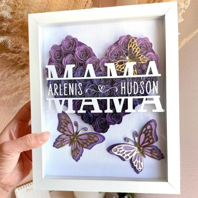 Personalized Mom with Kids Names Heart Flower Shadow Box with Butterfly