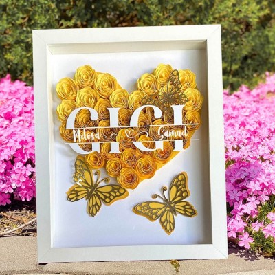 Personalized Mom with Kids Names Heart Flower Shadow Box with Butterfly