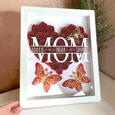 Personalized Mom with Kids Names Heart Flower Shadow Box with Butterfly