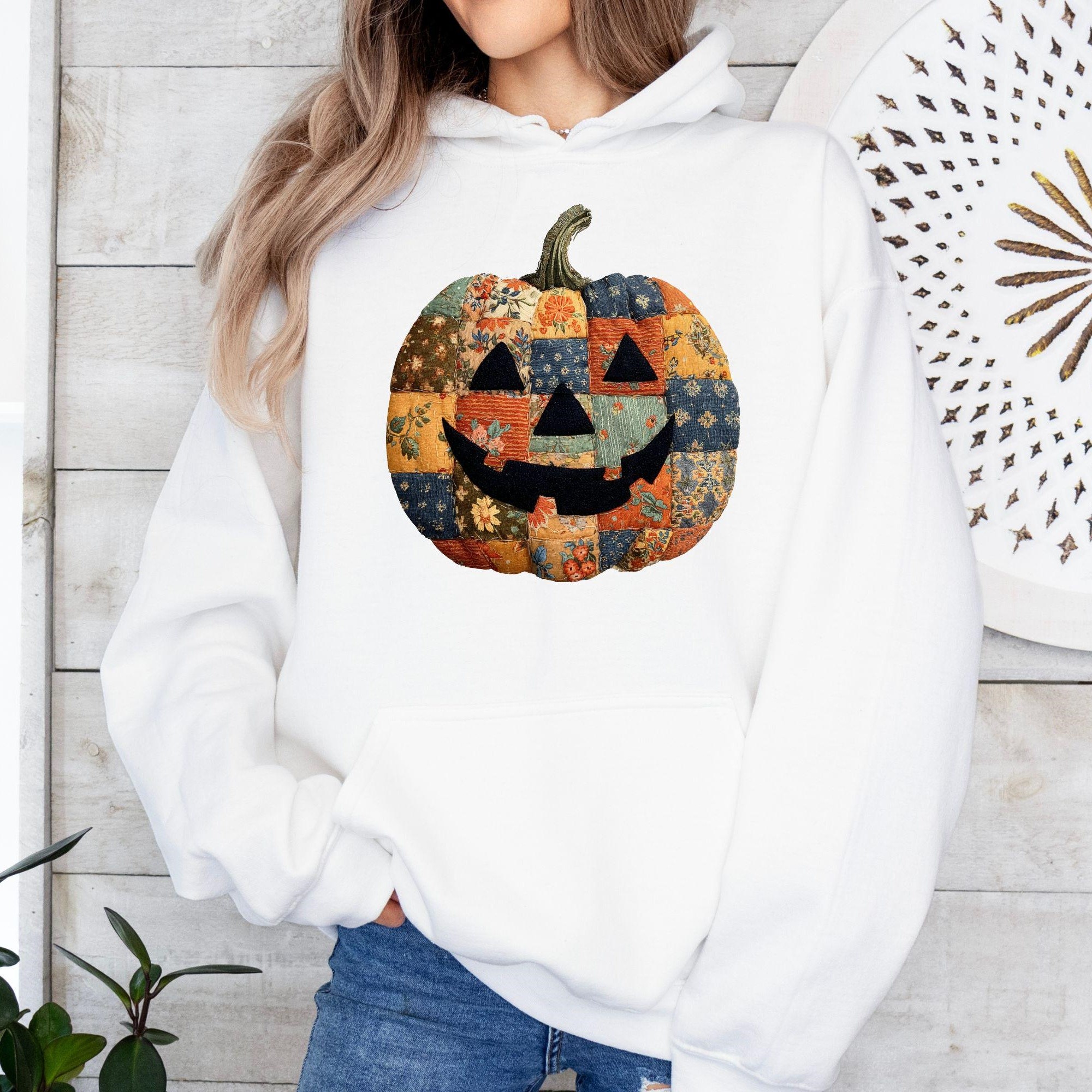 Retro Patchwork Halloween Pumpkin Hoodie Sweatshirt