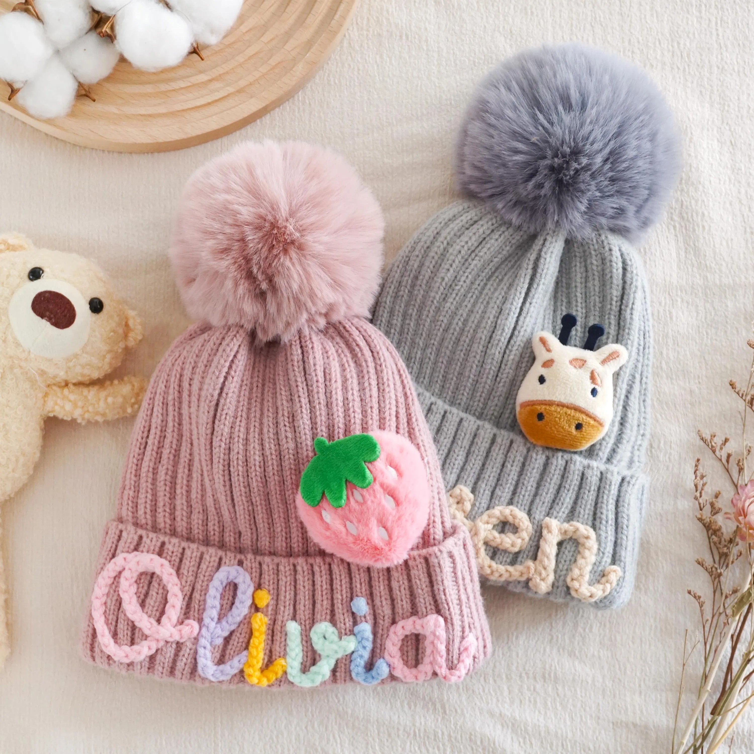 Hand-knitted Pompom Hat With Name The Best Gift For Children