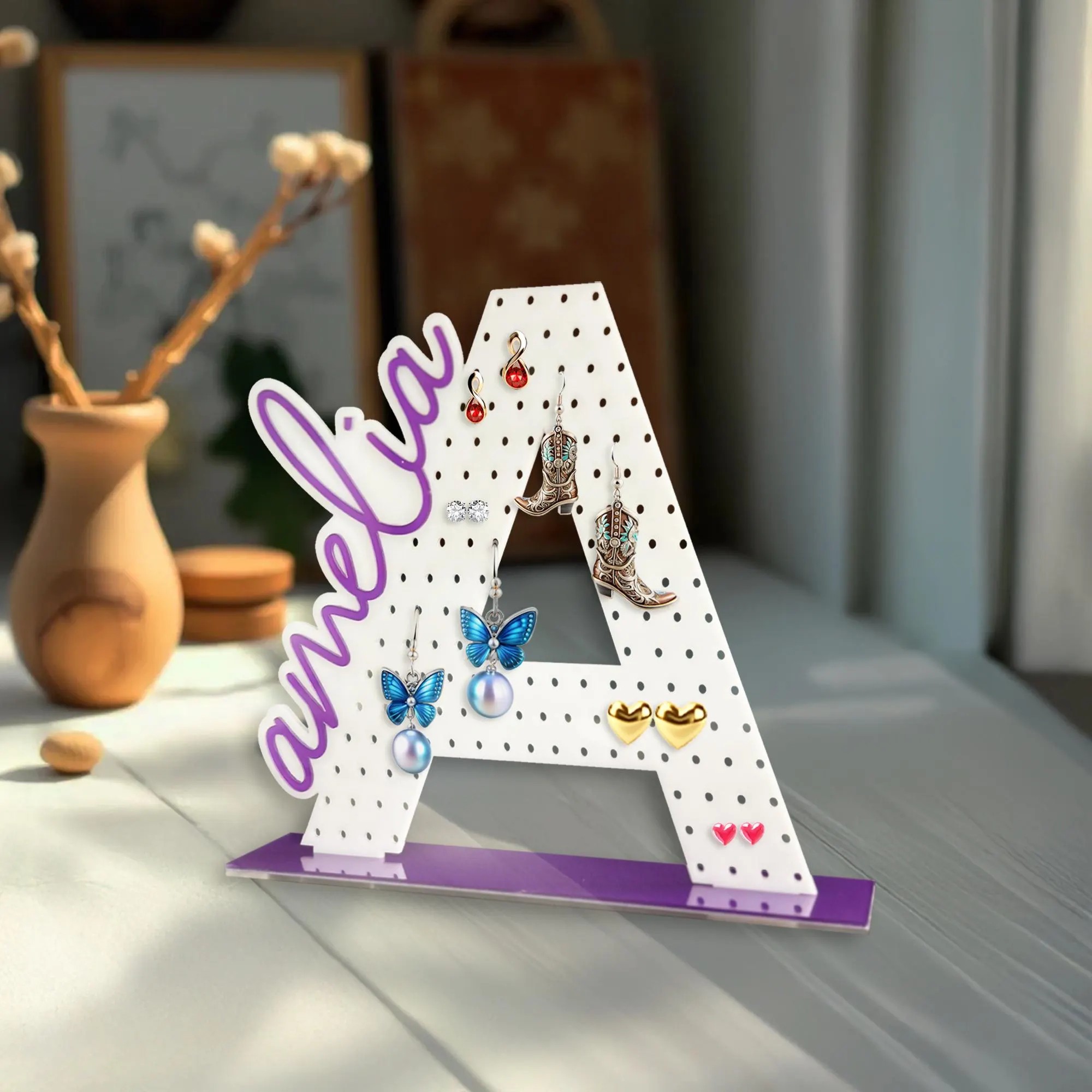 Personalized Acrylic Earring Holder Initial Jewelry Organizer Gift For Mom