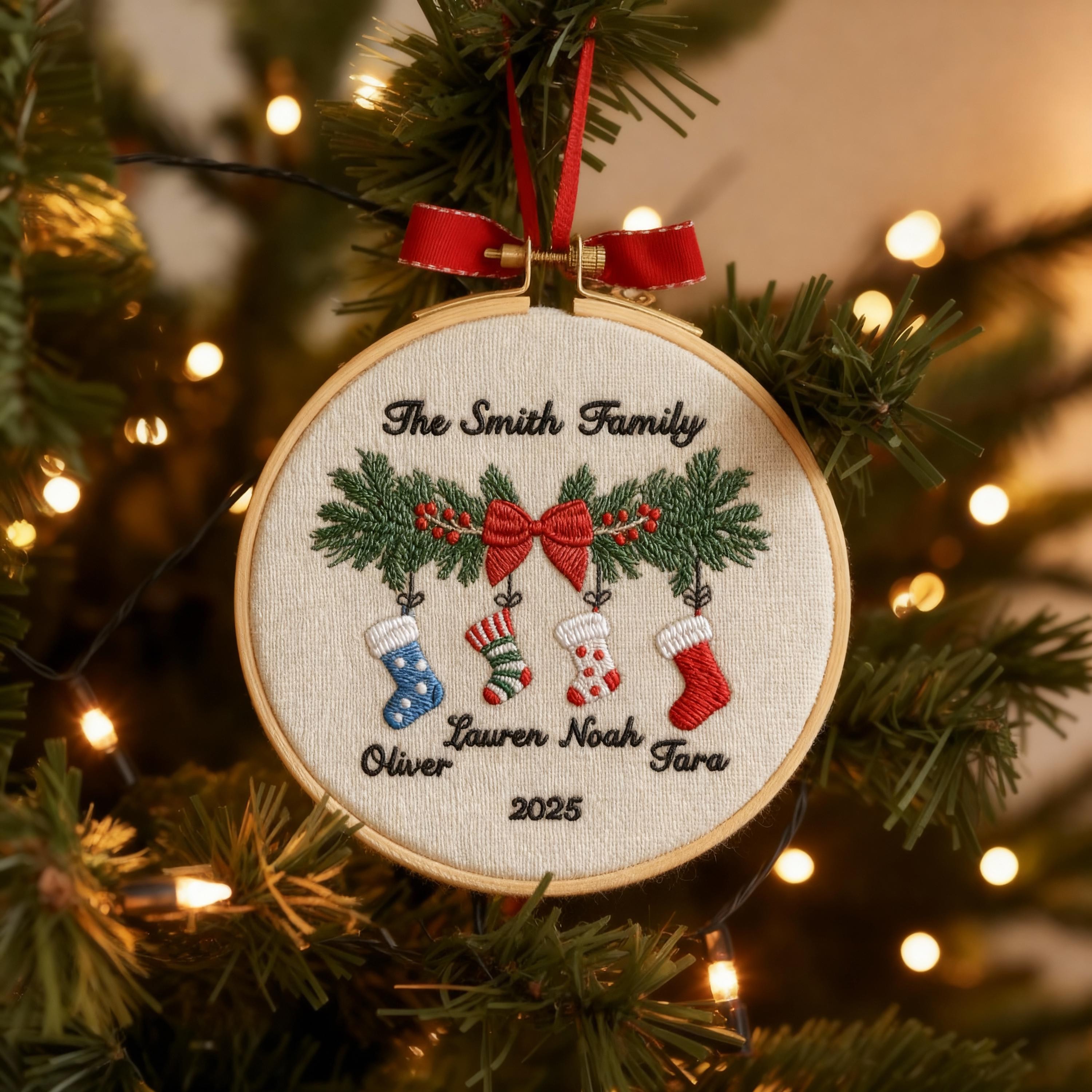 Personalized Family Christmas Tree Ornament Embroidered Name Hoop