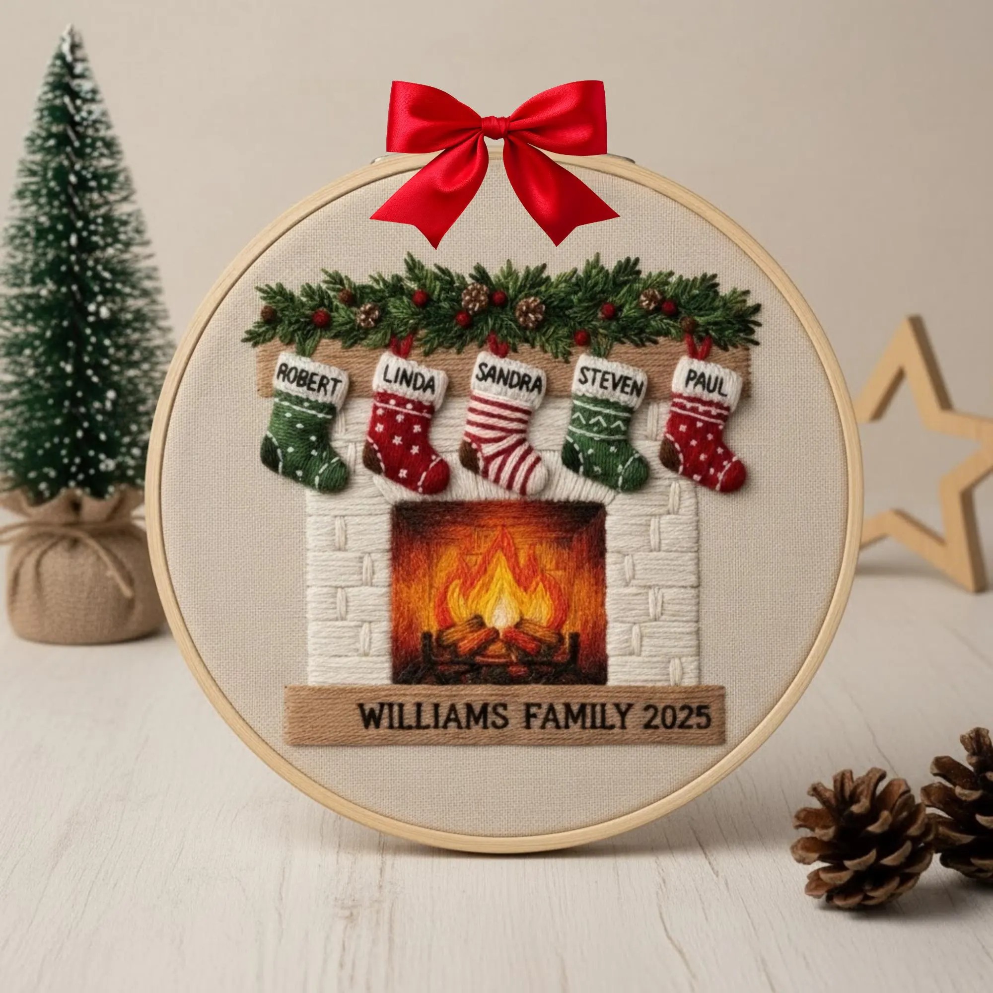 Personalized Family Christmas Tree Ornament Embroidered Name Hoop
