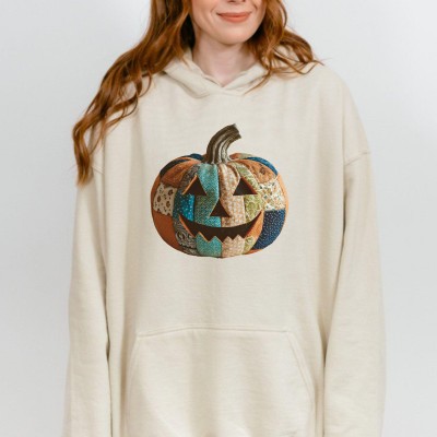 Retro Patchwork Halloween Pumpkin Hoodie Sweatshirt