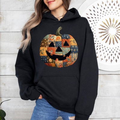 Retro Patchwork Halloween Pumpkin Hoodie Sweatshirt