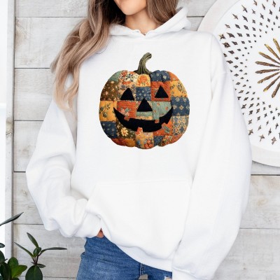 Retro Patchwork Halloween Pumpkin Hoodie Sweatshirt