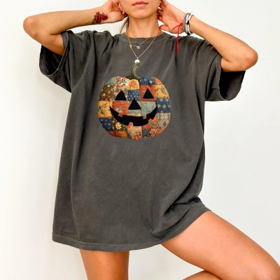Retro Patchwork Halloween Pumpkin Hoodie Sweatshirt