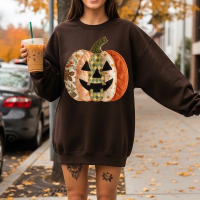Retro Patchwork Halloween Pumpkin Hoodie Sweatshirt