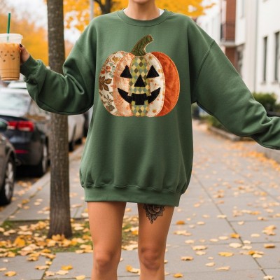 Retro Patchwork Halloween Pumpkin Hoodie Sweatshirt