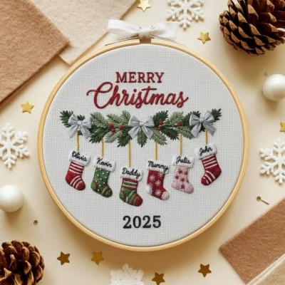 Personalized Family Christmas Tree Ornament Embroidered Name Hoop
